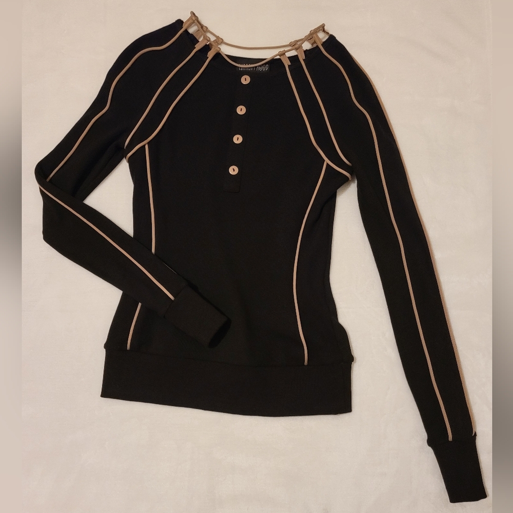 Current Mood Sample Long Sleeve Black Henley With Piped Collar